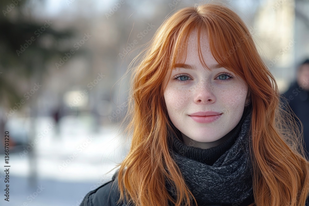 Portraits of a charming red-haired girl with a cute face. Girl posing for the camera in the city center. She has a wonderful mood and a lovely smile Portraits of a charming red-haired girl with a cute face. Girl posing for the camera in the city center. She has a wonderful mood and a lovely smile