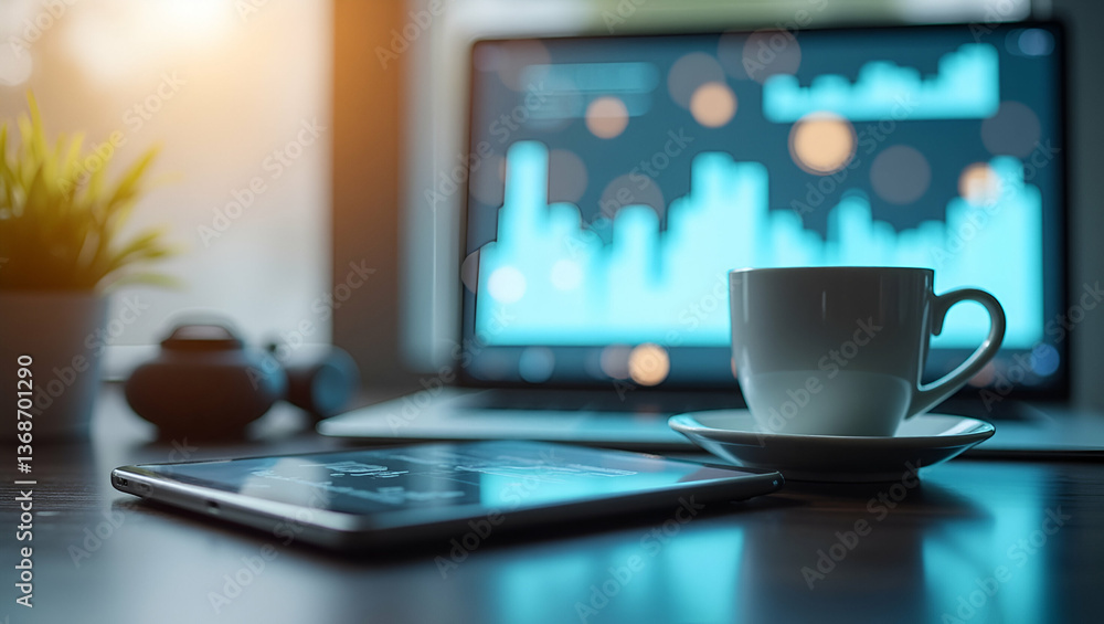 Photo Realistic Flat Lay of Tablet, Phone, and Coffee Cup for Digital Workspace Photo Realistic Flat Lay of Tablet, Phone, and Coffee Cup for Digital Workspace