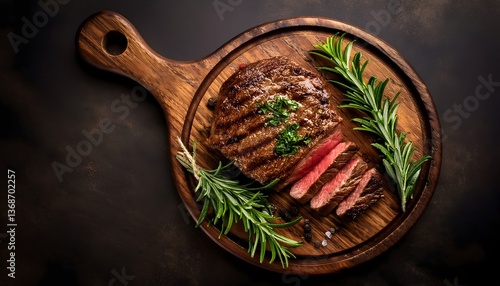 Grilled beef steak with herbs on rustic wooden cutting board top view 