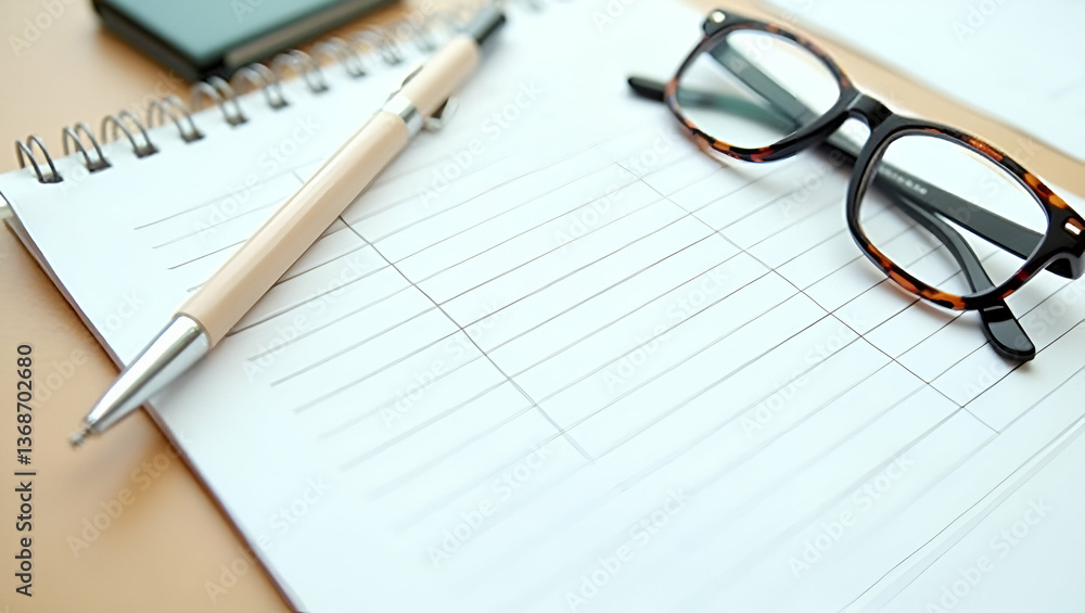 3D Flat Icon: Double Exposure of Planner, Pen, and Glasses for Scheduling - Perfect for Time Management Visuals with Copy Space on Isolated White Background