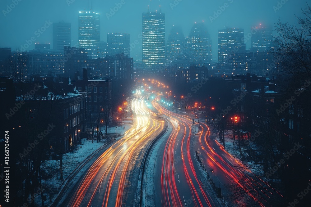Obraz premium Night city highway, light trails, winter scene