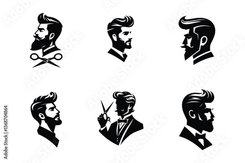 Handsome face man beard man emblems icons. Set of vector bearded hipster men faces. Haircuts, beards, mustaches set vector illustration