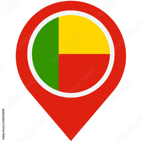 Benin's vibrant flag proudly displayed on a map marker, symbolizing national pride and location with a bold, graphic design. Free Download Benin's vibrant flag proudly displayed on a map marker, symbolizing national pride and location with a bold, graphic design. - GFXLoad