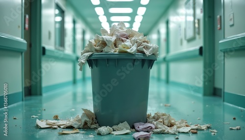 Medical waste bin overflows in hospital corridor. Hazardous used medical supplies, trash, debris creates a biohazard risk in emergency room. Unsanitary conditions, hygiene concerns arise.