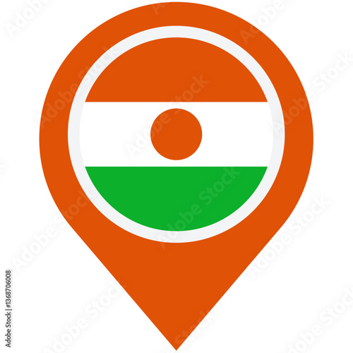 Discovering Niger: A vibrant orange map pin proudly displays the Nigerien flag, symbolizing travel, exploration, and cultural pride in a simple, bold design. Free Download Discovering Niger: A vibrant orange map pin proudly displays the Nigerien flag, symbolizing travel, exploration, and cultural pride in a simple, bold design. - GFXLoad