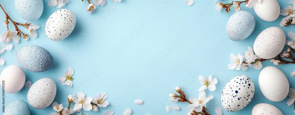 Frame with white and blue speckled easter eggs and cherry blossoms on light blue background. Happy Easter concept. Simple spring template,