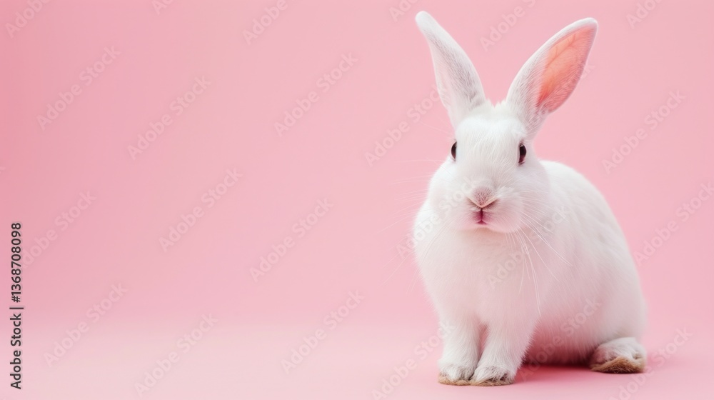 White rabbit pick up on a light pink background White rabbit pick up on a light pink background