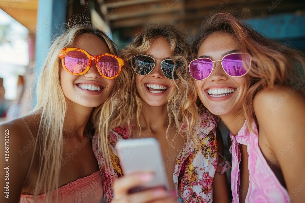 Young female friends having fun and using mobile phone