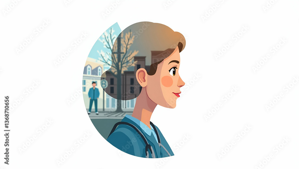 3D Flat Icon: Social Worker Double Exposure with Community Scene for Social Services Ads 3D Flat Icon: Social Worker Double Exposure with Community Scene for Social Services Ads
