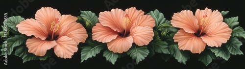Three peach hibiscus flowers with green leaves on a black background.