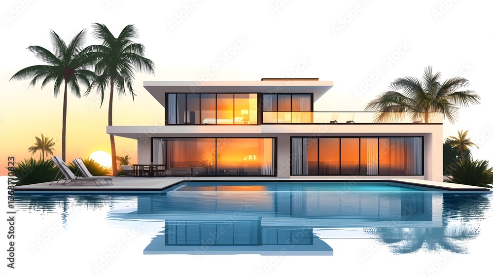 Fototapeta premium Luxurious Modern Villa Overlooking Ocean Sunset