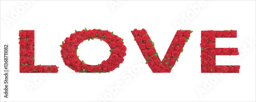 Love word made from red roses flowers, vector illustration isolated on white background