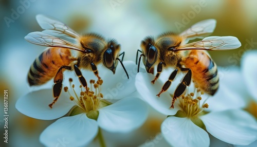 Bees Collecting Nectar From Blooming Flowers in a Vibrant Garden During Spring