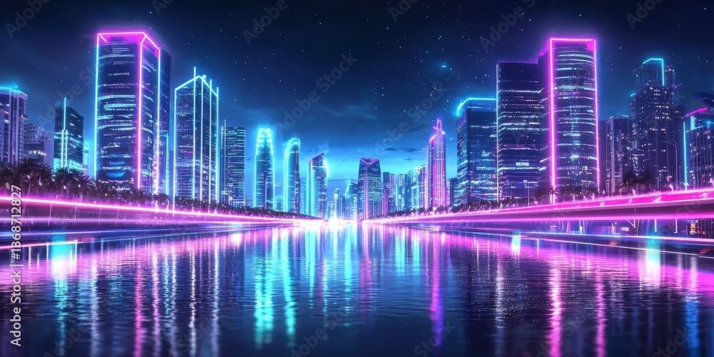 The reflection of neon city lights on water creates a breathtaking visual experience of a modern metropolis. The reflection of neon city lights on water creates a breathtaking visual experience of a modern metropolis.