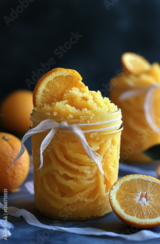 Bright Orange Sorbet in Jar With Fresh Oranges and Decorative Ribbon on a Dar...