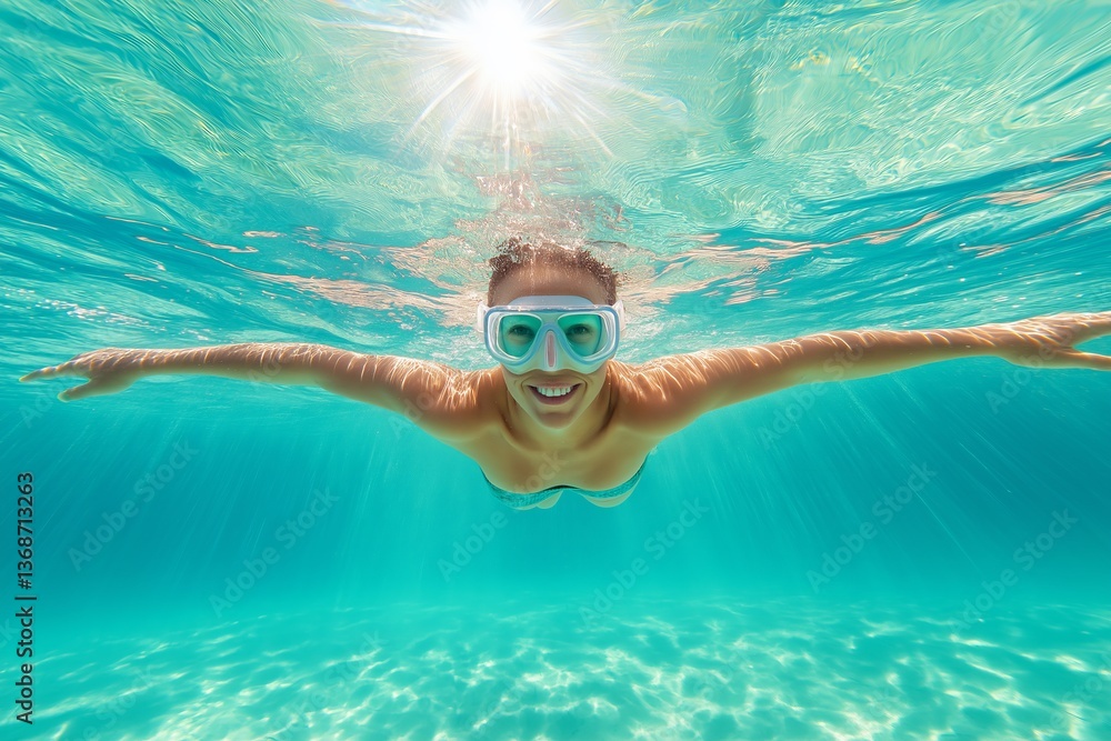 Fototapeta premium Young caucasian female swimming underwater in clear blue tropical ocean with sunlight