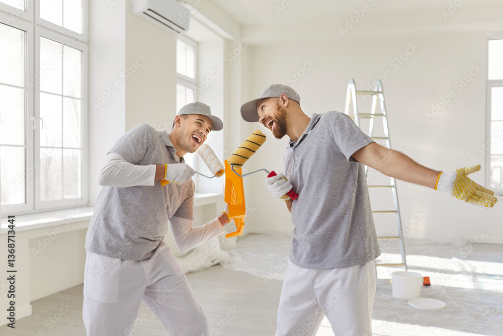 Fototapeta premium Two cheerful painters foolishing around while having fun, holding paint rollers like microphone, taking break after refurbishment, involved in renovation process. Team work concept