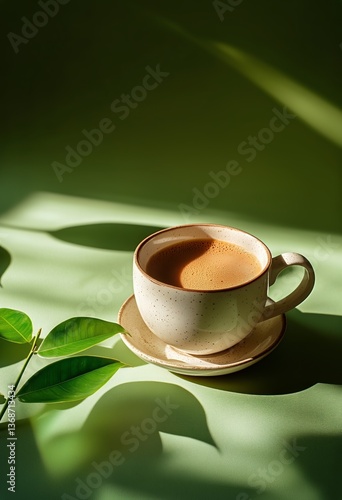 Warm Cup of Coffee Resting on a Saucer Surrounded by Natural Greenery and Sof...
