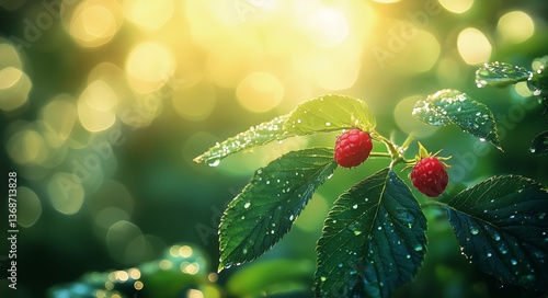 Fresh Raspberries Glisten With Morning Dew in a Lush Garden Setting