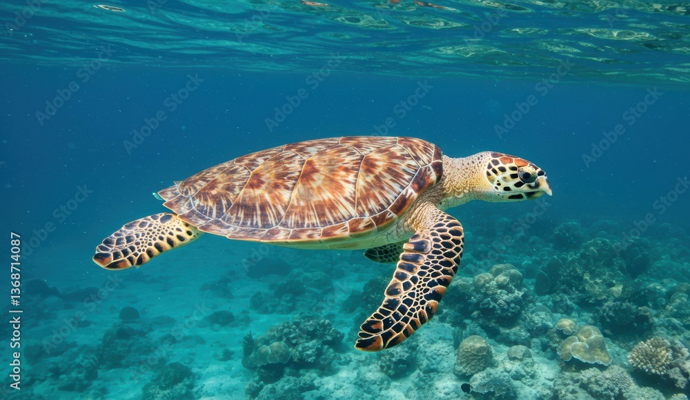 Fototapeta premium Hawksbill sea turtle swimming near coral reef in tropical ocean. Highlights biodiversity and marine conservation.