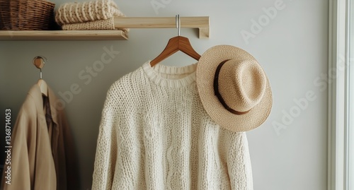Cozy Oversized Sweater and Straw Hat on Display in a Minimalist Interior Setting