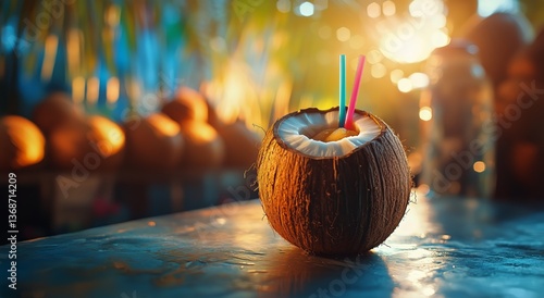 Refreshing Coconut Drink Served in a Shell at a Tropical Beach During Sunset