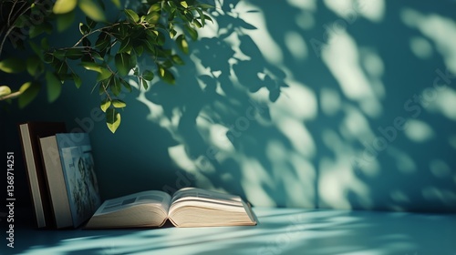 Natural Light Casts Shadows on Open Books Surrounded by Green Leaves in a Pea...