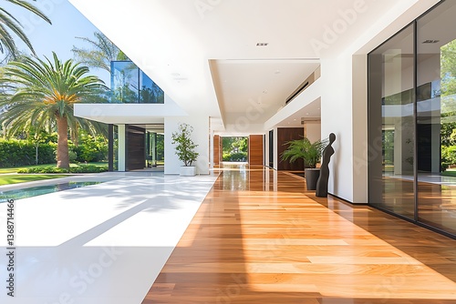 Modern Home Interior with Pool View.
