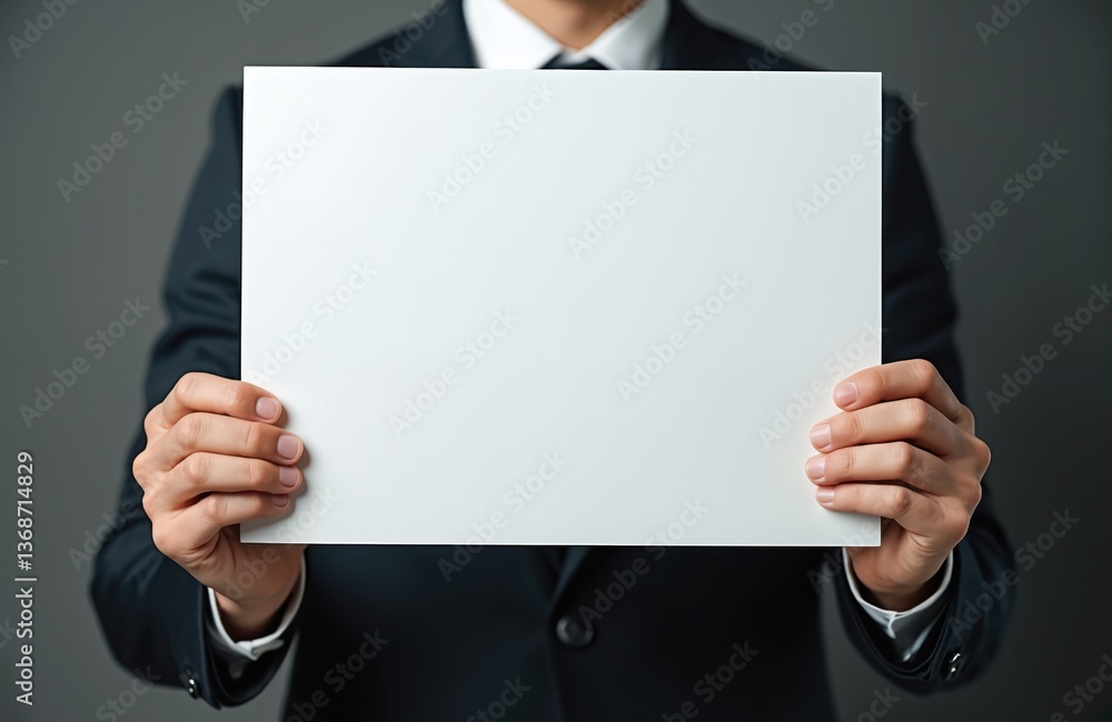 Businessman holding blank white board. Man in suit, formal wear, shows empty paper with copy space for text or design. Presentation, marketing, advertising concepts. Businessman holding blank white board. Man in suit, formal wear, shows empty paper with copy space for text or design. Presentation, marketing, advertising concepts.
