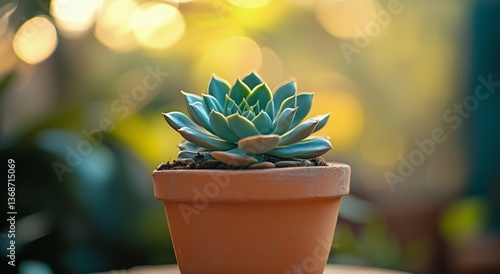 Succulent Plant in Blue Pot Illuminated by Sunset Glow in Garden Setting