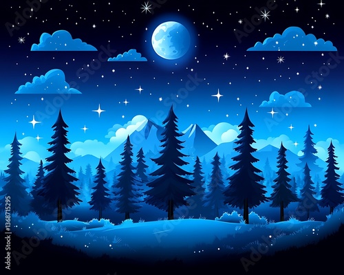 Blue night landscape with moon, stars, and forest.