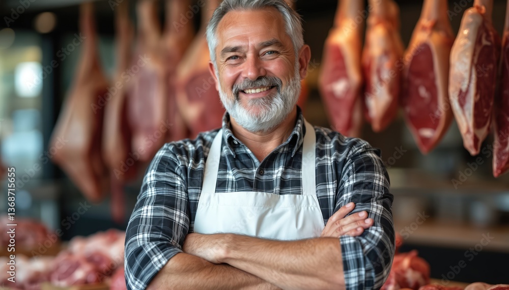 Smiling mature butcher with grey hair, beard in butcher shop. Confident man wearing white apron. Pro man with crossed arms. Butcher display with meat products. Focus on craftsmanship, quality. Man Smiling mature butcher with grey hair, beard in butcher shop. Confident man wearing white apron. Pro man with crossed arms. Butcher display with meat products. Focus on craftsmanship, quality. Man