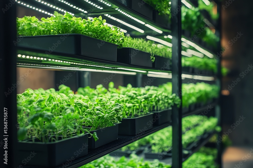Indoor Vertical Farm Growing Fresh Herbs and Greens Under Led Lights