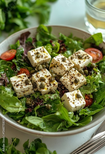 Fresh Salad With Tomatoes, Feta Cheese, and Capers Served on a Table Surround...