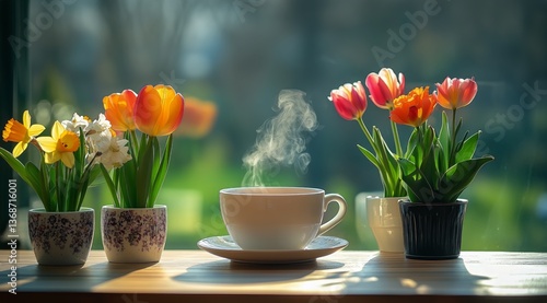 Warm Coffee Cup With Steaming Beverage Beside Colorful Flowers on a Sunny Day