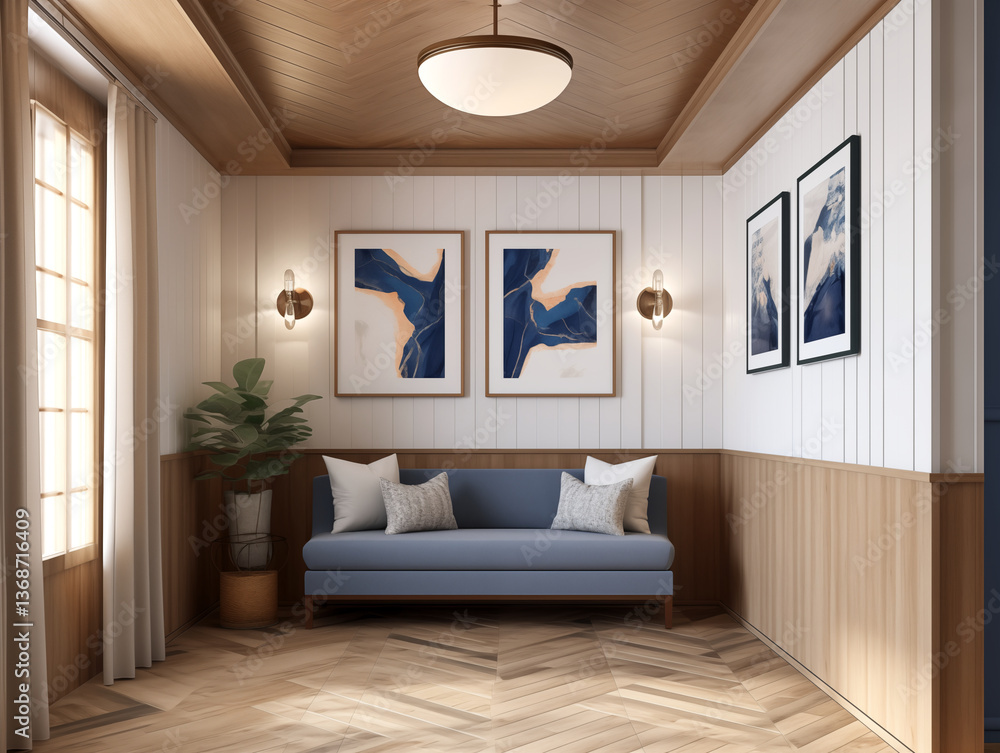Fototapeta premium Modern hallway wall panelling in natural wood colors, simple minimalist furniture and artwork on the wall. Hall with wooden wall panels