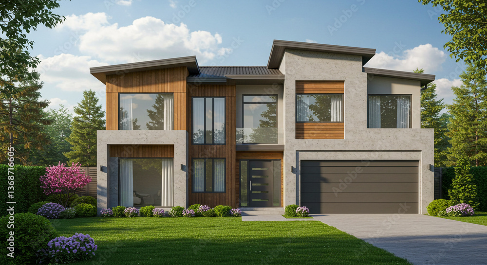 Modern two-story house with wood and concrete exterior, large windows, and a landscaped front yard. Modern two-story house with wood and concrete exterior, large windows, and a landscaped front yard.