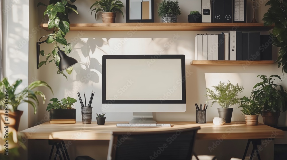 Fototapeta premium a contemporary workspace, a blank square black frame on a textured wall above