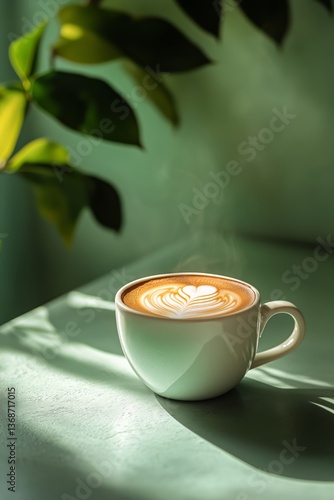 Latte Art in a Green Cup Surrounded by Lush Leaves on a Sunny Morning