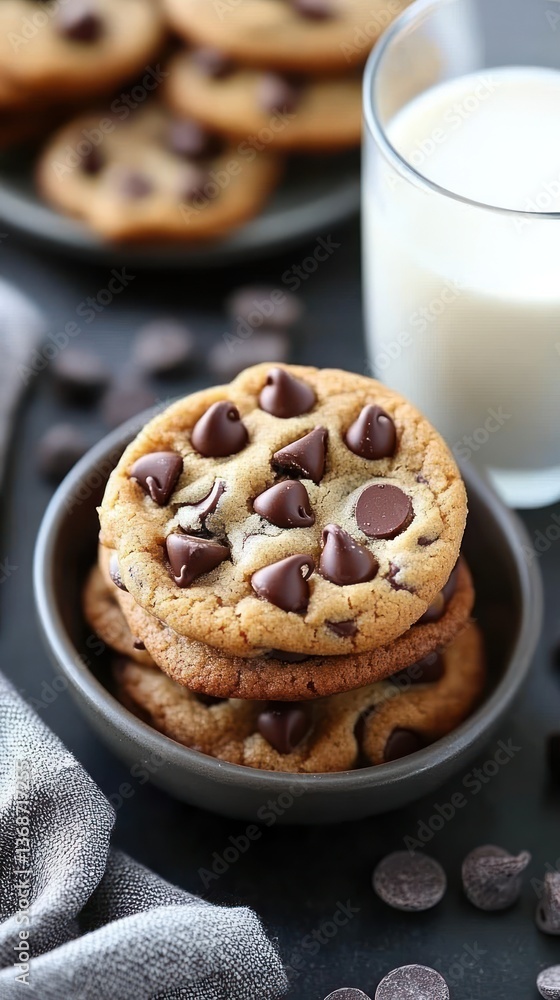 Chocolate chip cookies stacked in bowl, milk glass, dark background Chocolate chip cookies stacked in bowl, milk glass, dark background