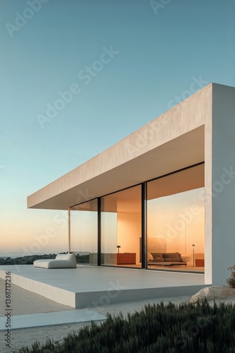 Modern Architectural Design of a House Against a Sunset Sky Outside a Tranqui...