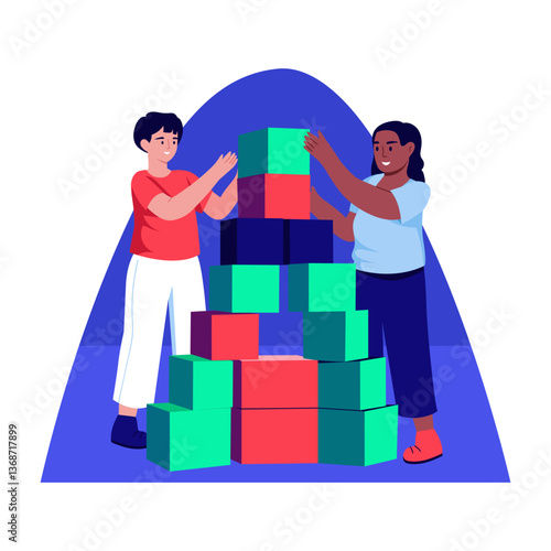 Characters building blocks illustration in flat style