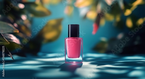 Vibrant Pink Nail Polish Bottle Against a Blurred Natural Background in Brigh...