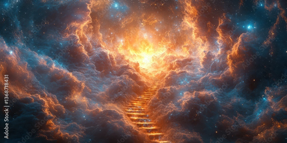 Majestic staircase surrounded by luminous clouds leading to a cosmic glow in a vibrant celestial realm Majestic staircase surrounded by luminous clouds leading to a cosmic glow in a vibrant celestial realm