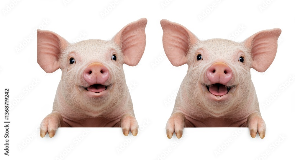 Two Happy Piglets Peeking Over a White Sign - Adorable pair of piglets smiling and looking over a white background, perfect for farm, animal, or playful themes Two Happy Piglets Peeking Over a White Sign - Adorable pair of piglets smiling and looking over a white background, perfect for farm, animal, or playful themes