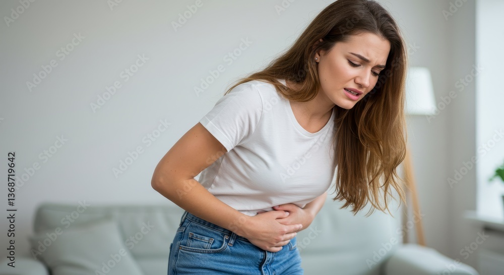 Woman Experiencing Abdominal Pain - Young woman holding her stomach, showing signs of discomfort or pain. She appears to be in mild distress Woman Experiencing Abdominal Pain - Young woman holding her stomach, showing signs of discomfort or pain. She appears to be in mild distress