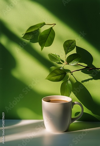 Warm Cup of Coffee Resting on a Saucer Surrounded by Natural Greenery and Sof...