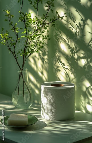 Decorative Roll of Paper Towel Surrounded by Green Foliage