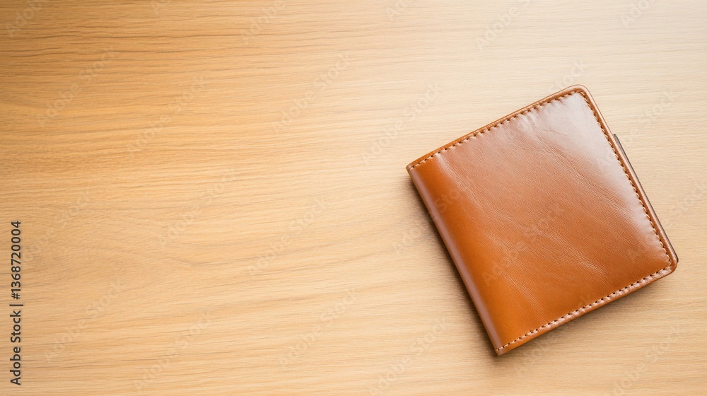 Leather wallet sits sleekly upon a light, grainy wood surface Leather wallet sits sleekly upon a light, grainy wood surface