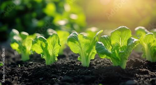 Fresh Green Lettuce Seedlings Growing in Soil During a Sunny Afternoon in a G...